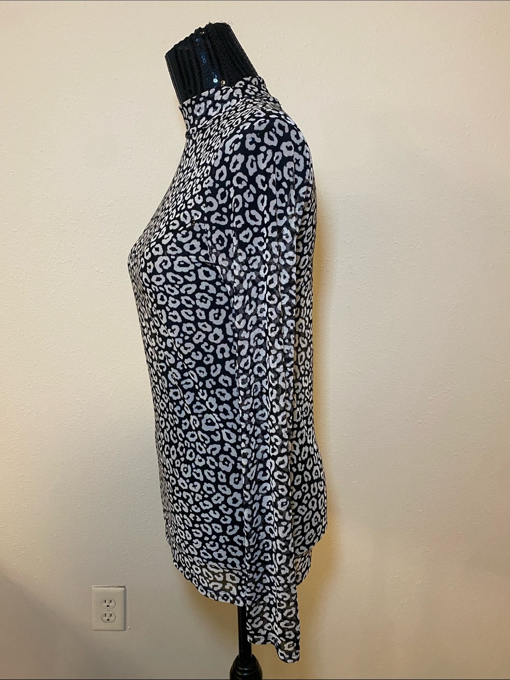 Sheer Top Leopard Animal Print Long Sleeve Mock Neck Top - Picture 4 of 10